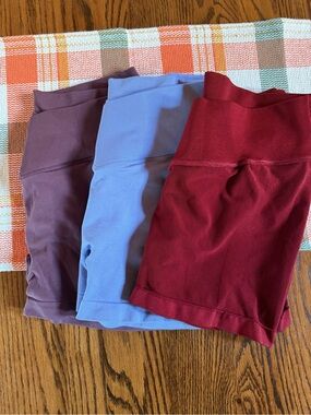 High-Rise Athletic Bike Shorts Trio — Burgundy, Periwinkle & Plum
